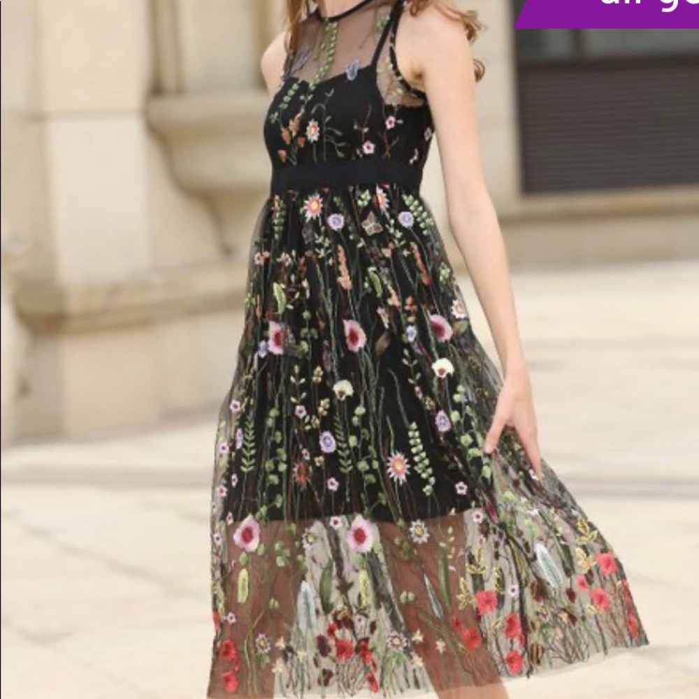 NWT black embroidered floral sheer-overlay mini